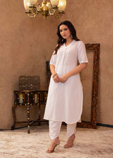 White Cotton Linen Pleated Kurta-Pant Set with Cotton Lace Detailing-P1304WHITE